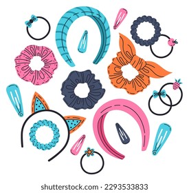 Accesorios de pelo dibujado a mano. Cepas de cabello, raspones, bandas de cabeza, corbata de pelo y bandas elásticas de ilustración vectorial plana. Colección de doodle para accesorios de pelo