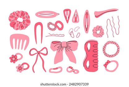 Hand drawn hair accessories. Female hair cartoon scrunchies, headbands, hair tie and elastic bands flat vector illustration set. Hair accessory doodle collection