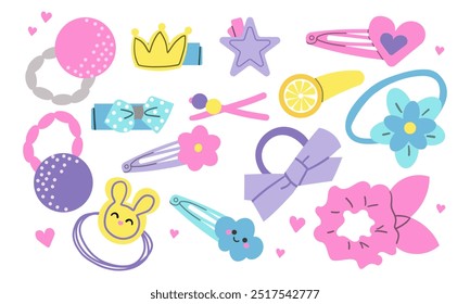 Acessórios para cabelo desenhados à mão. Scrunchies de desenhos animados de cabelo feminino, bandanas, gravata de cabelo e elástico bandas plana vetor ilustração set. Coleção de rabiscos de acessórios de cabelo