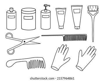 Productos para el cuidado del pelo dibujados a mano para el conjunto de peluquería. Tijeras de doodle, vieiras, cepillo de pelo, guantes de goma, guantes de polietileno, cepillo de tinte, tinte de pelo, champú, máscara, bálsamo, acondicionador de pelo. Líneas de resquebrajamiento