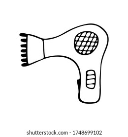 Hand drawn hair dryer isolated on a white background. Doodle, simple outline illustration. It can be used for decoration of textile, paper and other surfaces.