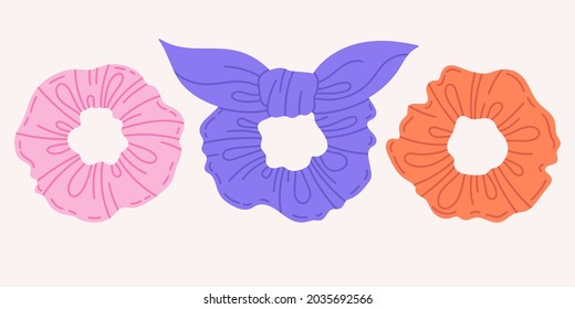 Hand drawn hair scrunchies. Girls elastic scrunchies, hair accessory isolated cartoon vector illustration icons set