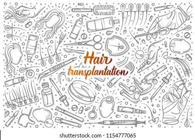 Hand drawn hair transplantation set doodle vector background