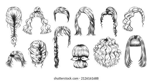 Hand drawn haircut. Female wig sketch. Woman's long and short hairstyles. Girls beauty salon models. Coiffure with braid, ponytail and bun. Vector hairdo pencil drawing isolated set