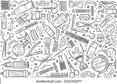 Hand drawn hairdresser tools. Hair styling related equipment doodle set background