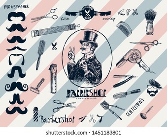 Hand drawn hairdressers professional tools. Barber Stylist Tools. Retro engraving style. Set of vintage Barbershop hair salon logo, labels, badges, street signs, design element, portrait of gentleman