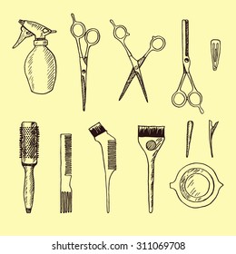 Hand drawn hairdressers professional tools. Barber Stylist Tools set. Icons for hairdressing saloon. Stylist design elements. Comb, coloring brush, bowl, clip, shears, thinning scissors, sprayer