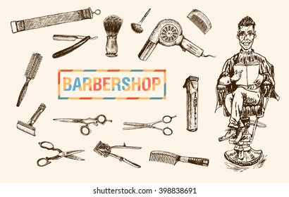 Hand drawn hairdressers professional tools and client of barbershop. Stylist Tools set. Vector vintage collection. Retro Illustration in ancient engraving style