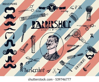 Hand drawn hairdressers professional tools. Barber Stylist Tools. Retro Illustration, engraving style. Set of vintage Barbershop (hair salon) logo, labels, badges, street signs, portrait of gentleman