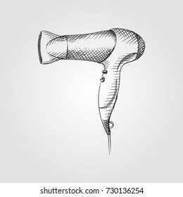 Hand Drawn Hairdryer Sketch Symbol isolated on white background. Vector barbershop accessories In Trendy Style. Hair care and Styling elements