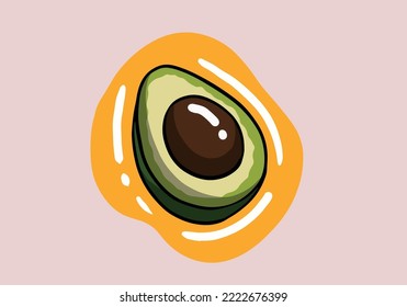 Hand drawn half avocado with leaf and seed. isolated on background. Vector illustration.
