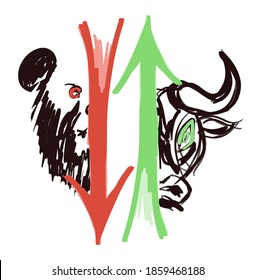 Hand drawn half bear and bull heads with up and down arrows isolated on white background as a symbol of bullish and bearish market, eps10 vector illustration.
