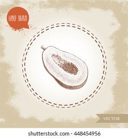 Hand drawn half cut of papaya fruit with seeds. Sketch style vintage vector illustration of summer exotic food.