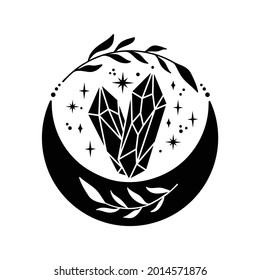 Hand dibujó media luna con cristales de cuarzo. El diseño espiritual de las fases lunares. Ilustración vectorial celestial aislada en fondo blanco. Tatuaje esotérico al estilo boho. Clíparte de geometría sagrada.