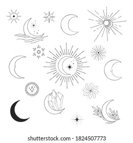 Hand drawn half moon set. Space icons, stars, starburst. Celestial design doodle.