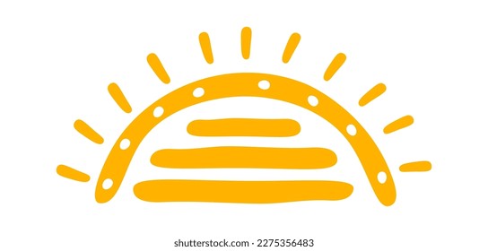Hand drawn half sun with ornament and rays flat icon. Vector illustration