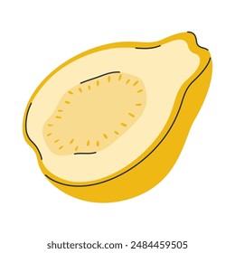 Dibujado a mano mitad guayaba amarilla en estilo garabato. Rebanada de fruta tropical para un estilo de vida saludable