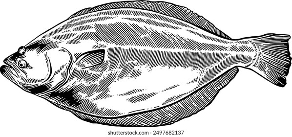 Hand drawn Halibut Fish Seafood Sketch Illustration