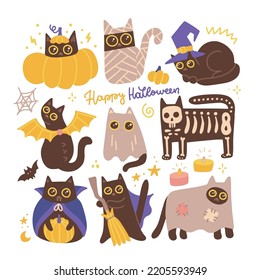 Hand drawn halloween black cats set wearing different holiday costumes. Cute pooky pets. Collection of witch, mummy, vampire, ghost mascots. Happy Halloween text. Vector flat illustration.