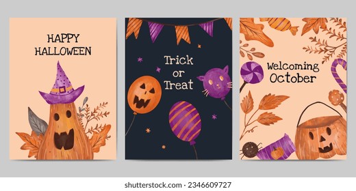 Ilustración de la colección de tarjetas Halloween dibujada por mano