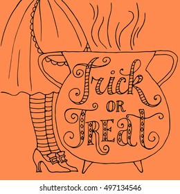 Hand drawn halloween card, trick or treat hand written phrase, vector linen drawing, witch, pot.