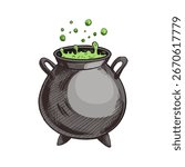 Hand drawn halloween cauldron with boiling green potion, bubbling liquid and dark iron pot. Vector illustration in sketch style for spooky party decoration, holiday greeting or design element.