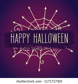 Hand drawn Halloween celebration ornate spiderweb dark greeting card. Holiday lettering vector illustration.