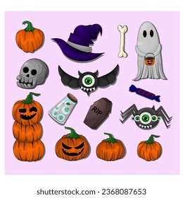 Colección de caracteres de halloween dibujados a mano, For Stickers, tarjeta de flash, decoración, plantilla y otros. Un simple vector plano.