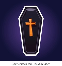Hand drawn Halloween Coffin. Gradient burial box with orange cross. White outline elements for sticker collection. Halloween night party decoration, scrapbooking, clip-art object. 