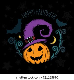 Hand drawn Halloween color illustration.
Pumpkin with witch hat, bats, moon, star, frame, and Happy Halloween lettering.
Invitation, greeting card or banner design template.