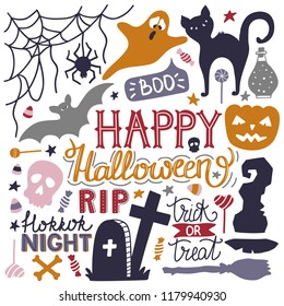 Hand drawn Halloween colorful doodles print with lettering, pumpkin, bat, cat, ghost and other elements. Vector illustration.