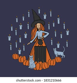 Hand drawn halloween  conjuring witch. Vector sketch illustration.