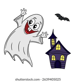 Hand drawn Halloween cute and funny ghost smiling  with scary house and bat behind