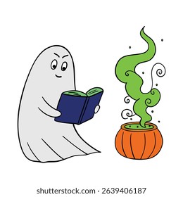 Hand drawn Halloween cute ghost reading a book and cooking potion