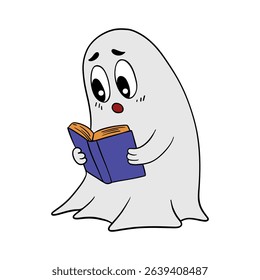 Hand drawn Halloween cute ghost reading a book. Treats or tricks