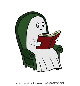 Hand drawn Halloween cute ghost seating on the chair and reading book. Treats or tricks