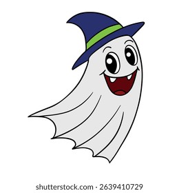Hand drawn Halloween cute ghost flying  a smiling. Treats or tricks