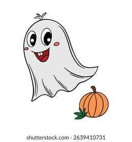 Hand drawn Halloween cute ghost flying  a smiling. Treats or tricks