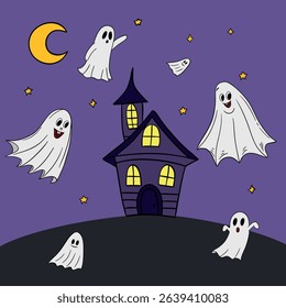 Hand drawn Halloween cute ghosts flying around scary house in night. Treats or tricks