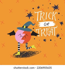 Hand drawn Halloween cute monster with one eye, legs in boots and witch hat and hand lettering inscription Trick Or Treat. Spooky character for decoration, greeting card, party invitation