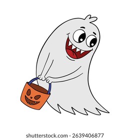 Hand drawn Halloween cute and smiling ghost with basket for treats. Treats or tricks