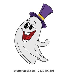 Hand drawn Halloween cute and smiling ghost with gentle hat. Treats or tricks