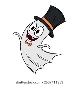 Hand drawn Halloween cute and smiling ghost with gentle hat. Treats or tricks