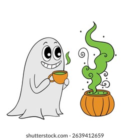 Hand drawn Halloween cute smiling ghost drink and cook a hot potion. Treats or tricks