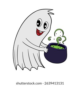 Hand drawn Halloween cute smiling ghost holding a hot potion. Treats or tricks