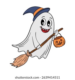 Hand drawn Halloween cute smiling ghost holding broom and flying with basket for treats. Treats or tricks