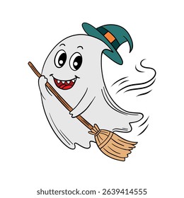 Hand drawn Halloween cute smiling ghost holding broom and flying. Treats or tricks