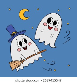 Hand drawn Halloween cute smiling ghosts friends flying together with broom in night. Treats or tricks