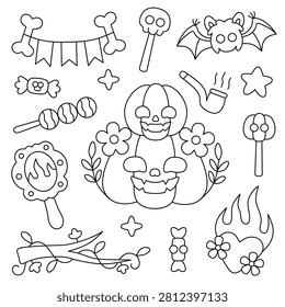 Hand Drawn Halloween Decorative Doodle Collection with Cute Pumpkin, Bat, Candy and Skull Lollipop Icons