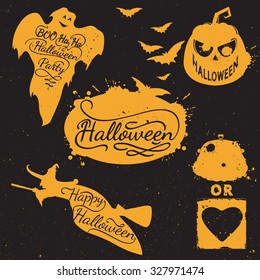 Hand drawn Halloween design elements. Halloween icon with calligraphy. Witch, bat, pumpkin, spider, ghost, shape. Hand drawn typography poster